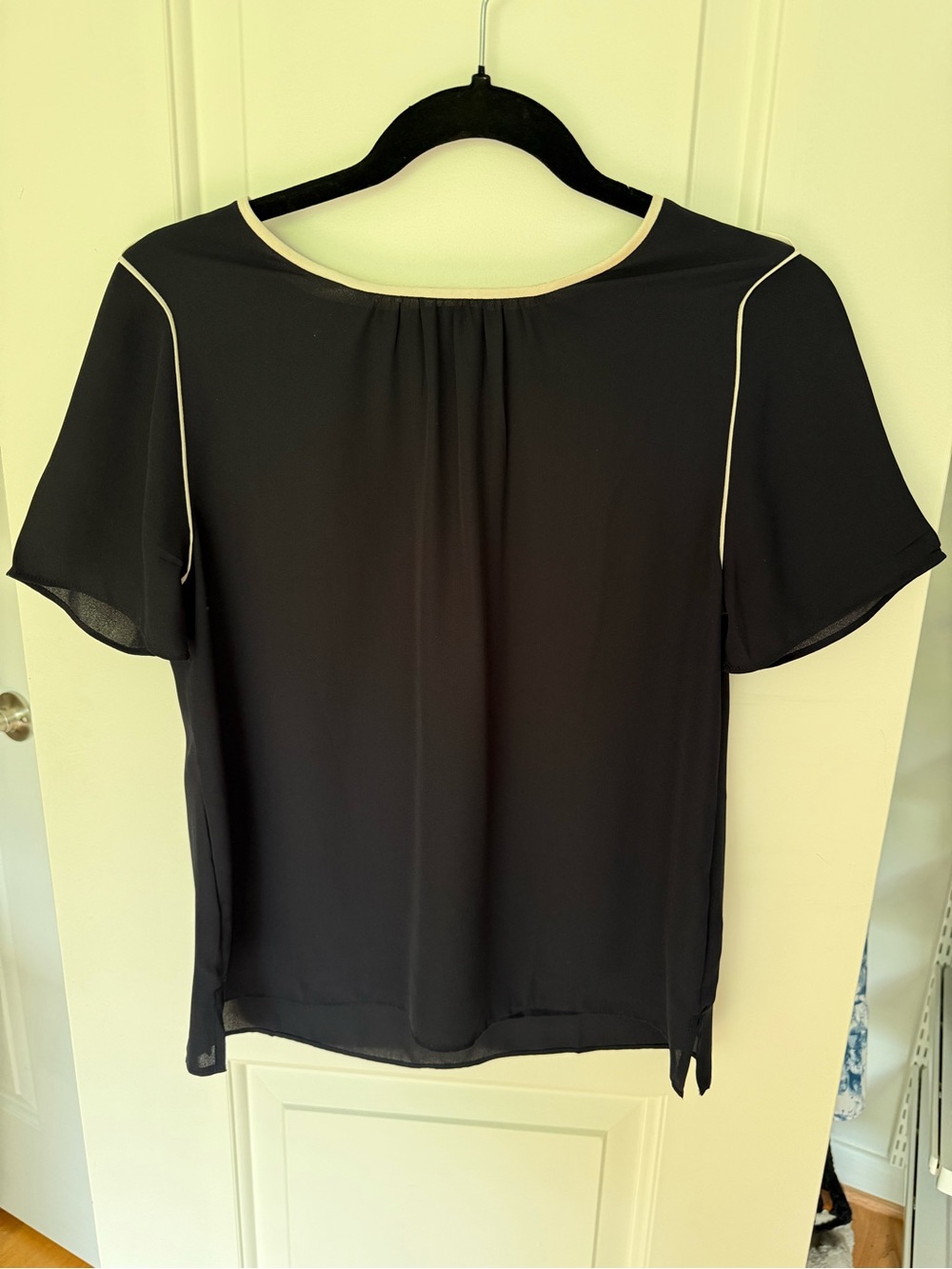 Women’s Navy Short-Sleeve Blouse with Contrast Trim